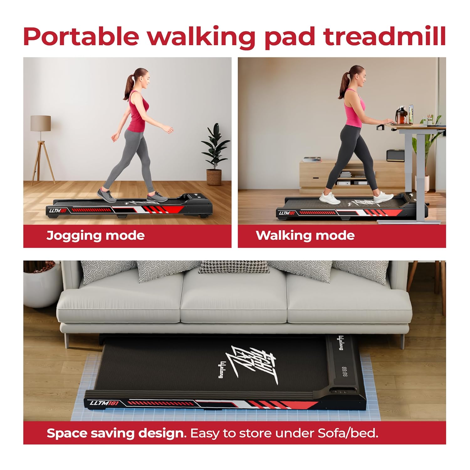 Walking Pad Treadmill – 3HP Motor, 2-Level Incline, Foldable Design, 8Km/h (LLTM181, Black)