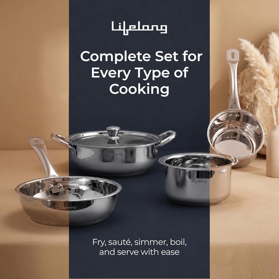 Lifelong Stainless Steel Cookware Set of 5 | Kadhai (2.2L), Fry Pan (1.4L), Saucepan (1.2L), Tope (1.4L) with SS Lid