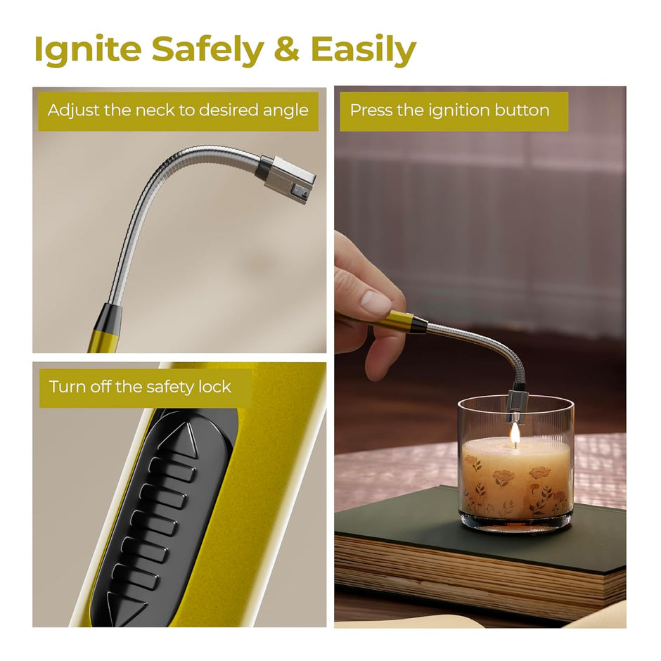 Lifelong Rechargeable Electric Lighter for Kitchen | 360Â° Flexible | C-Type USB | Windproof & Flameless | Lighter for Pooja Room, Candles, BBQ, Multi-Purpose | Stainless Steel & ABS (Golden)
