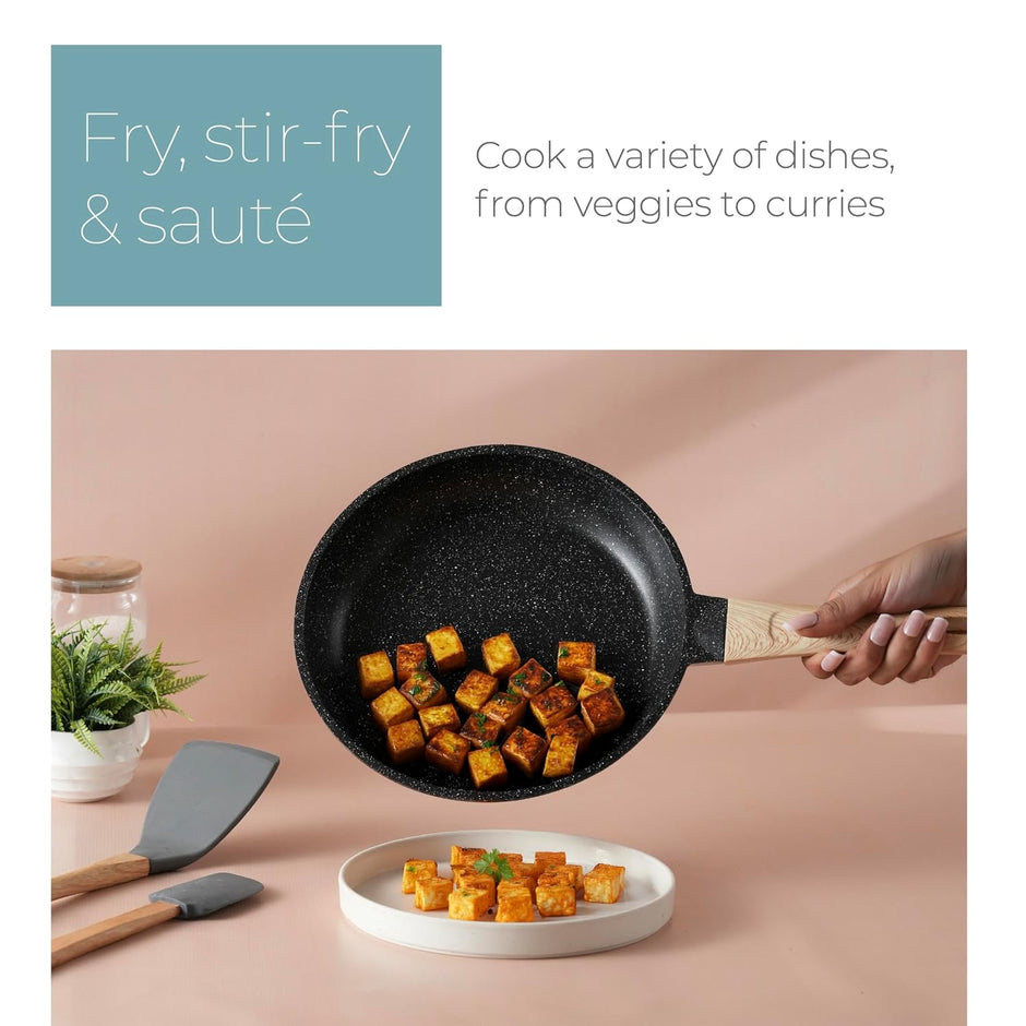 Lifelong Die-Cast Fry Pan 24cm with Glass Lid & Wooden Spatula