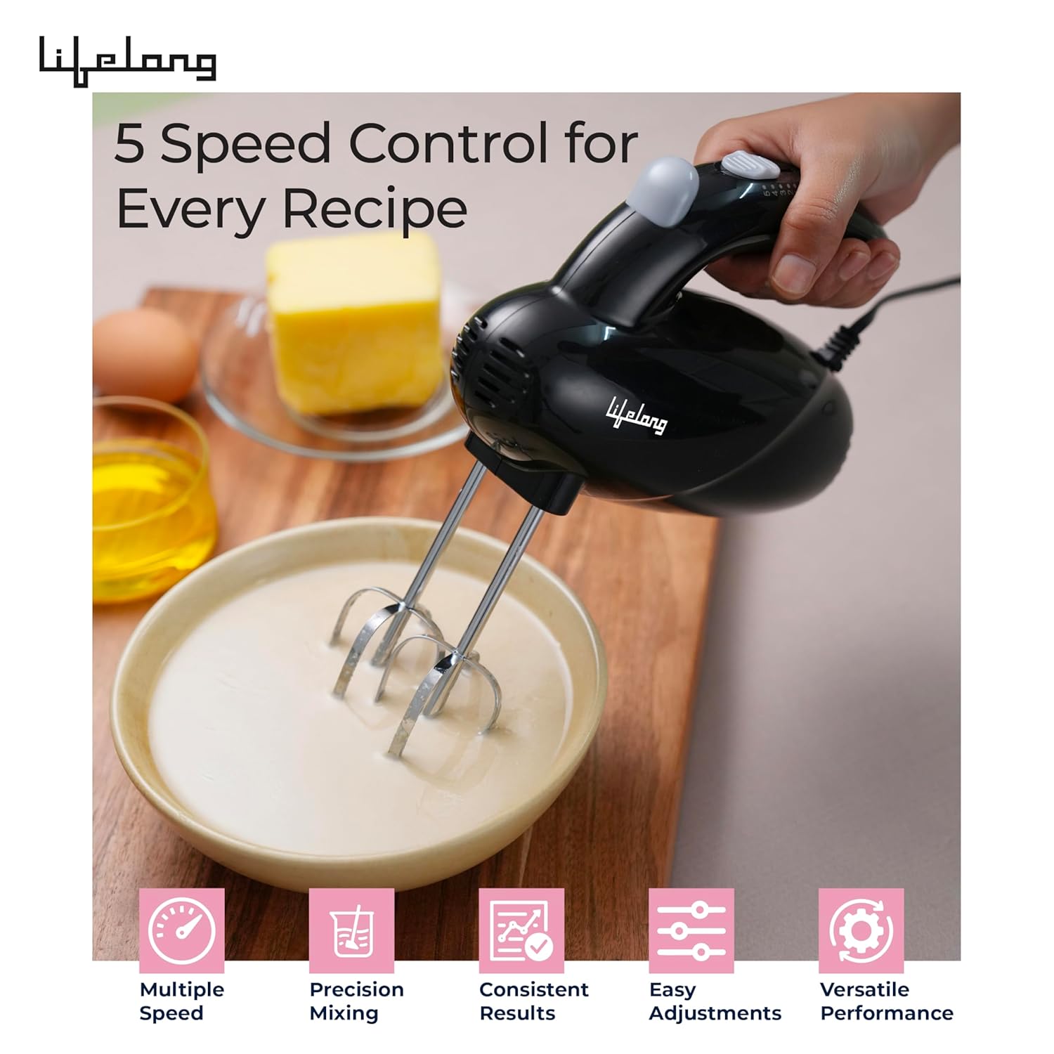 Lifelong Electric Hand Mixer for Baking, Whipping & Kneading