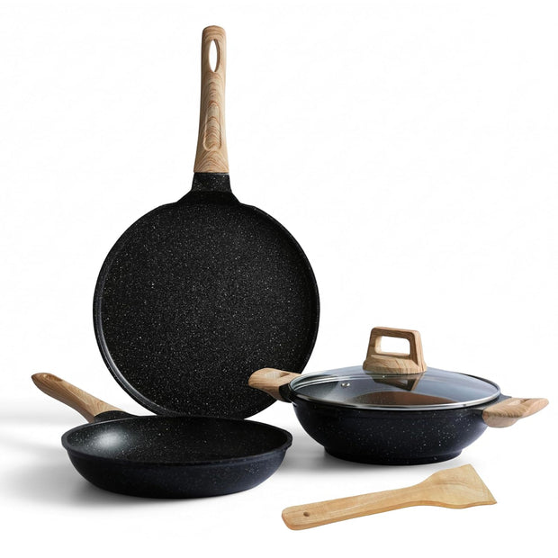 Lifelong 3 Piece Die-Cast Cookware Set With Common Lid & Wooden Spatula