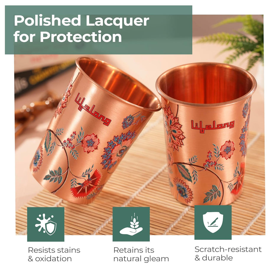 Lifelong 950 ml Copper Water Bottle with Glass Set of 2 | Natural Alkaline Water | Leakproof & Lightweight Design Boosts Immunity | Anti-Bacterial, BPA Free, Secure Cap for School, Travel, Gym & Work Artistic & Elegant