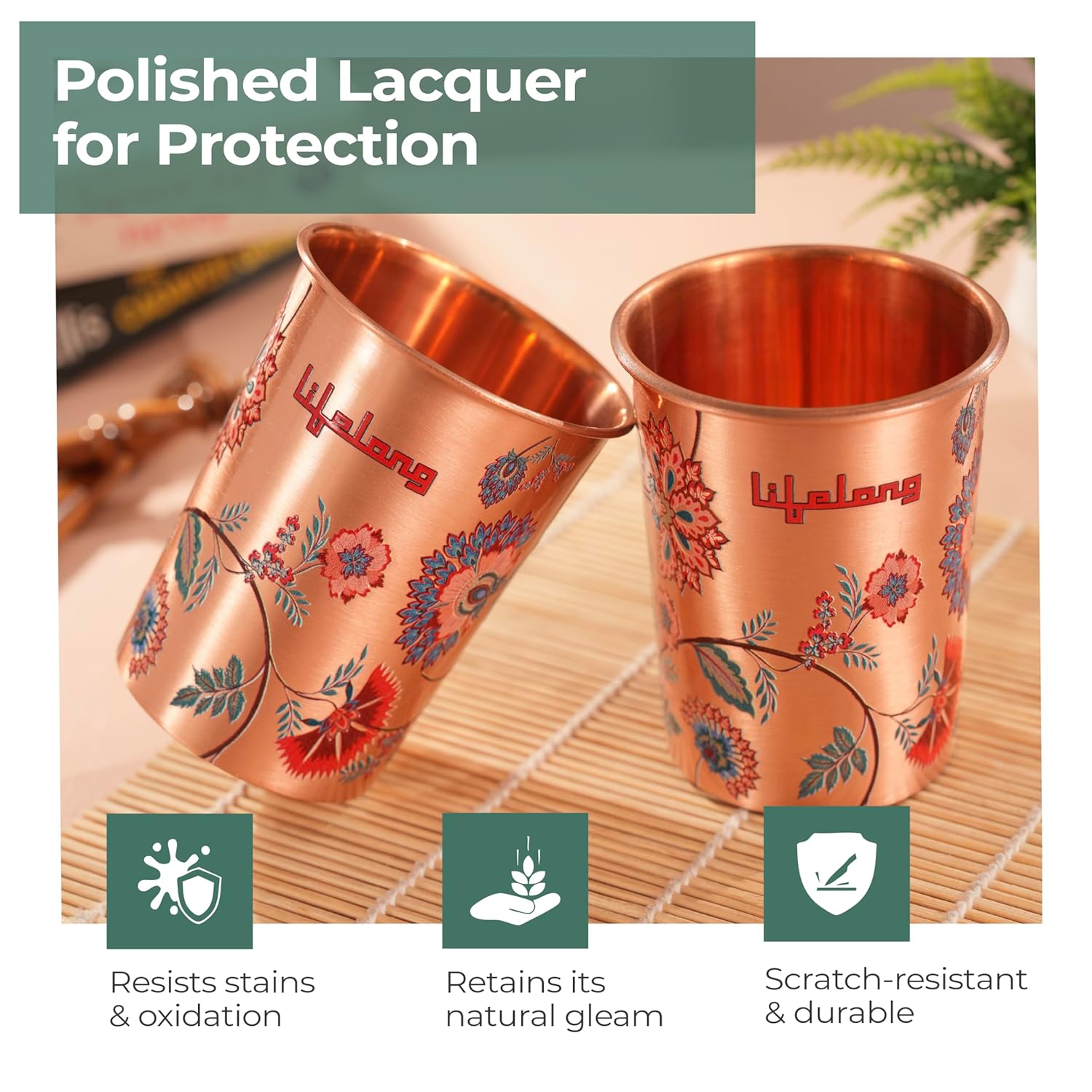 Lifelong 950 ml Copper Water Bottle with Glass Set of 2 | Natural Alkaline Water | Leakproof & Lightweight Design Boosts Immunity | Anti-Bacterial, BPA Free, Secure Cap for School, Travel, Gym & Work Artistic & Elegant