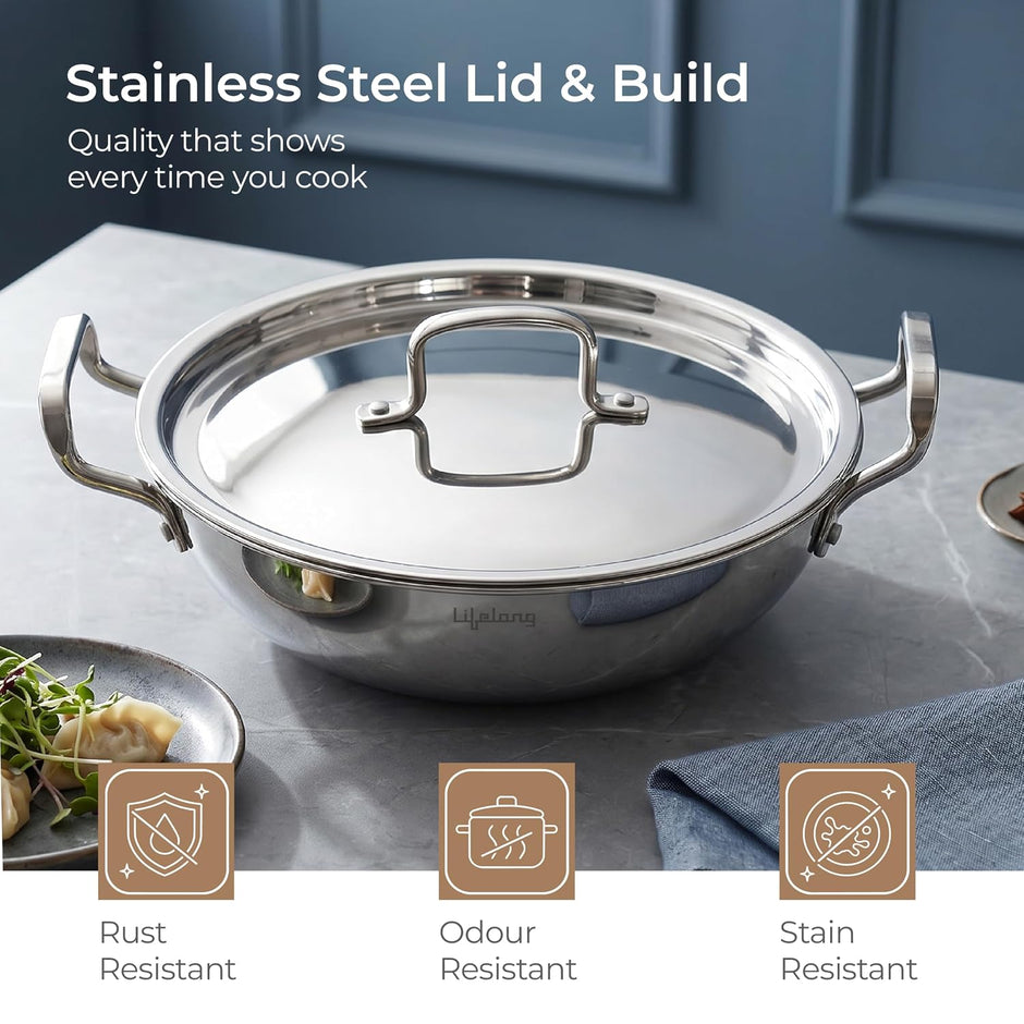 Lifelong Triply Honeycomb Kadhai 26 Cm | Extra Deep Stainless Steel | 3-Layered Nonstick Coating