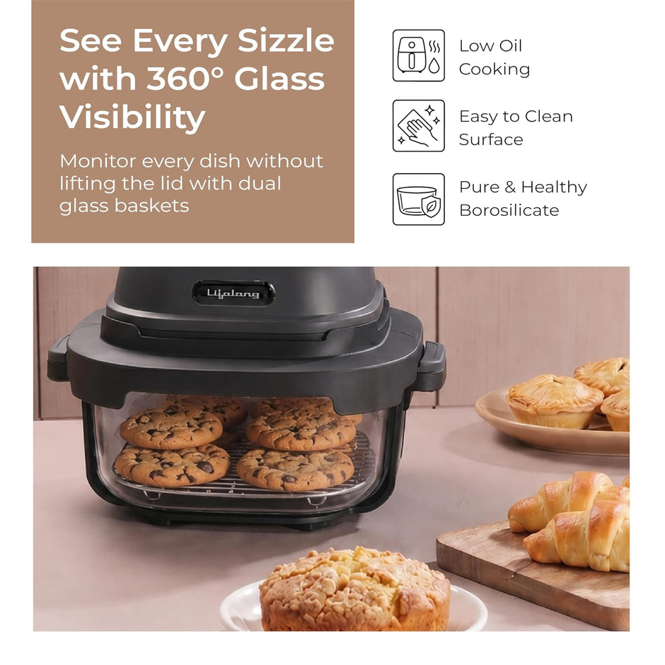 Lifelong Dual Glass Basket Air Fryer | Interchangeable Borosilicate Glass Bowls (4.1L, 1.6L) with Lids