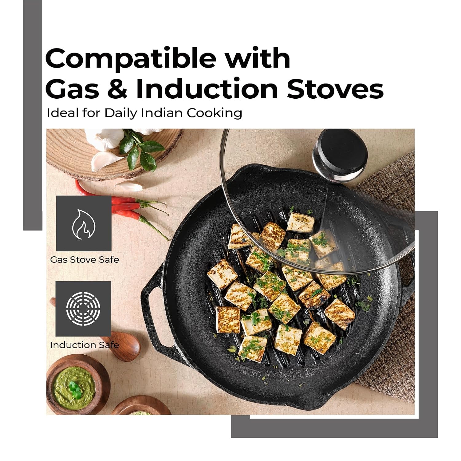 Lifelong Cast Iron Grill Pan with Glass Lid & Wooden Spatula | 2Litre | Induction & Gas Stove Compatible |Non-Toxic Cookware,Non-Stick & Teflon Free | Durable for Easy Cooking & Cleaning(LLCIGP010GL)