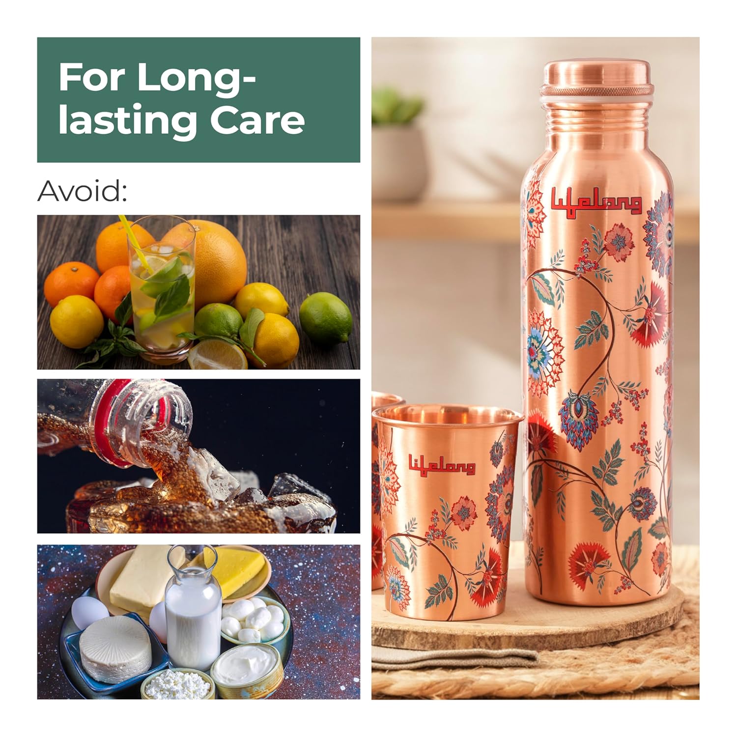 Lifelong 950 ml Copper Water Bottle with Glass Set of 2 | Natural Alkaline Water | Leakproof & Lightweight Design Boosts Immunity | Anti-Bacterial, BPA Free, Secure Cap for School, Travel, Gym & Work Artistic & Elegant