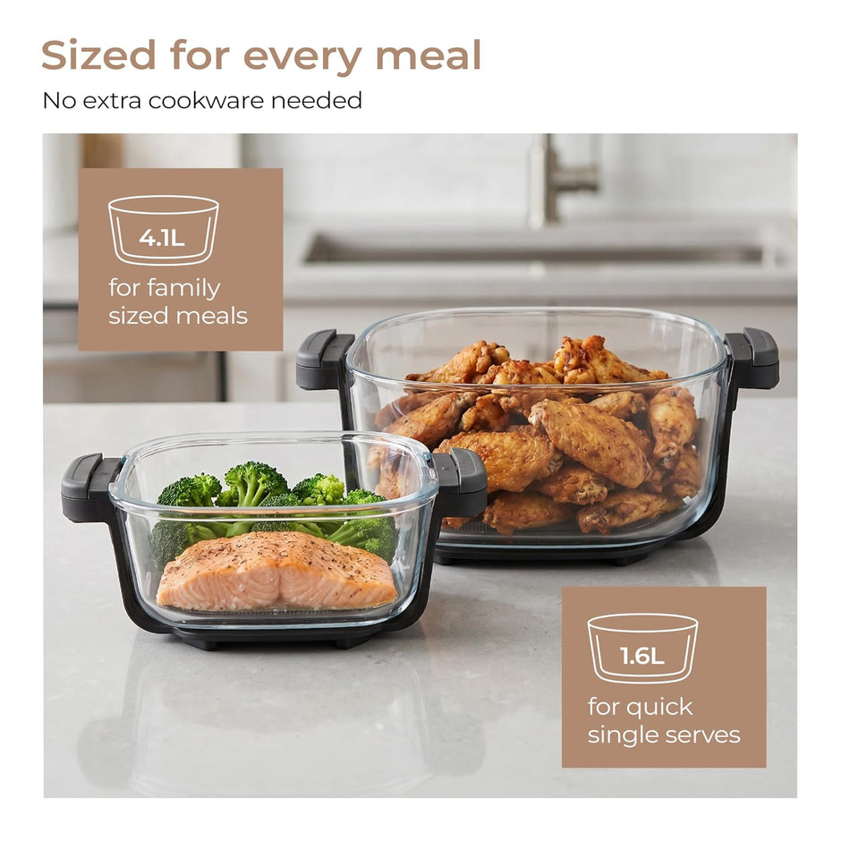 Lifelong Dual Glass Basket Air Fryer | Interchangeable Borosilicate Glass Bowls (4.1L, 1.6L) with Lids