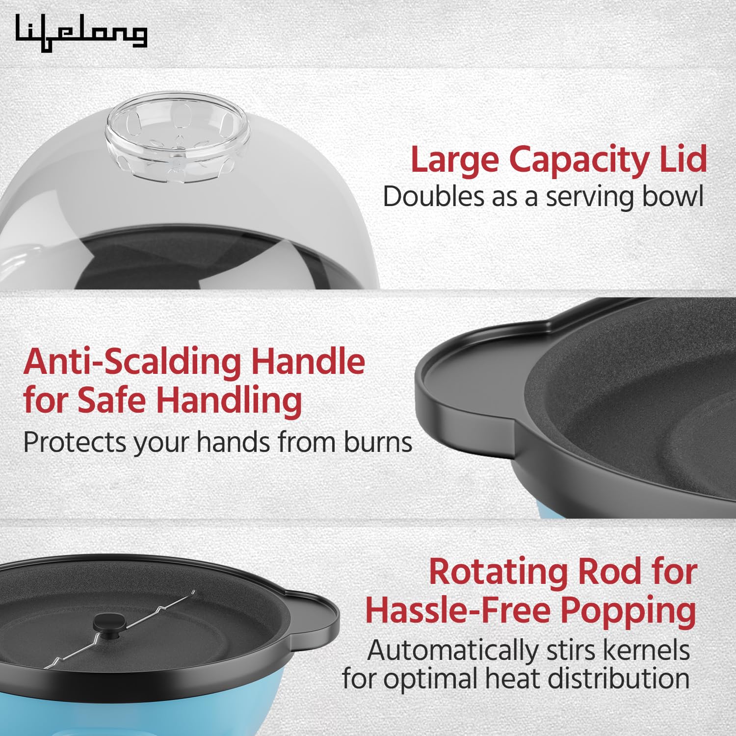 Lifelong Electric Popcorn Maker – Non-Stick, Oil Use, Serving Bowl Lid (LLEPM09)