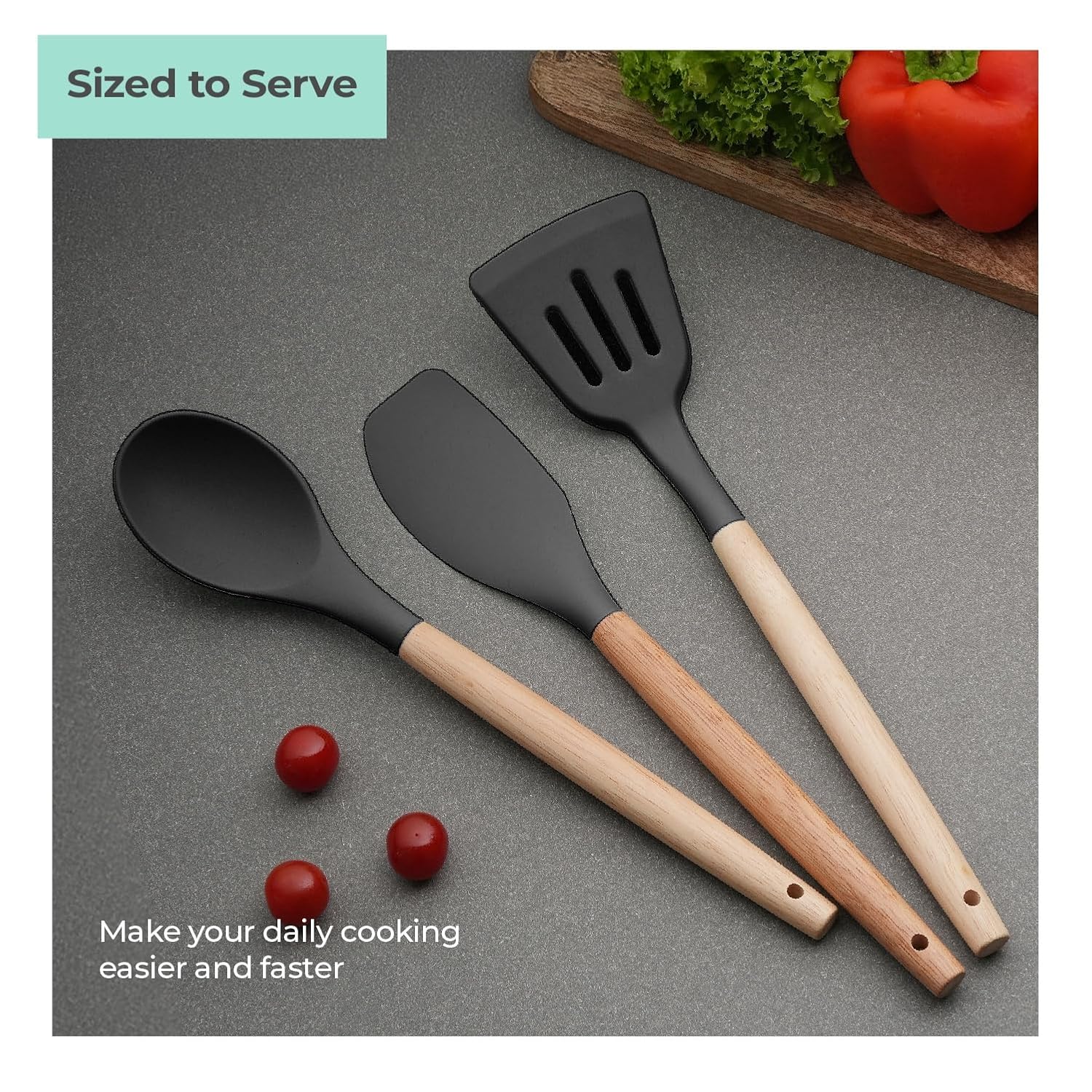Lifelong Non-Stick Silicone Spatula Set | Set of 3-Spoon Spatulas, Slotted Turner, and Soup Ladle | Dishwasher Safe, Silicone Spatulas with Wooden Handle for Serving & Cooking | (LLCTSLW03,Black)