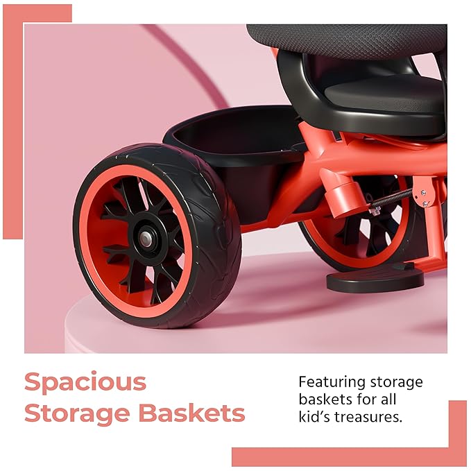 Lifelong Kids Harness Tricycle with Parental Control, EVA Wheels, Bell & Storage Basket – Baby Trike for 1–4 Years (25kg Capacity, Red/Black)