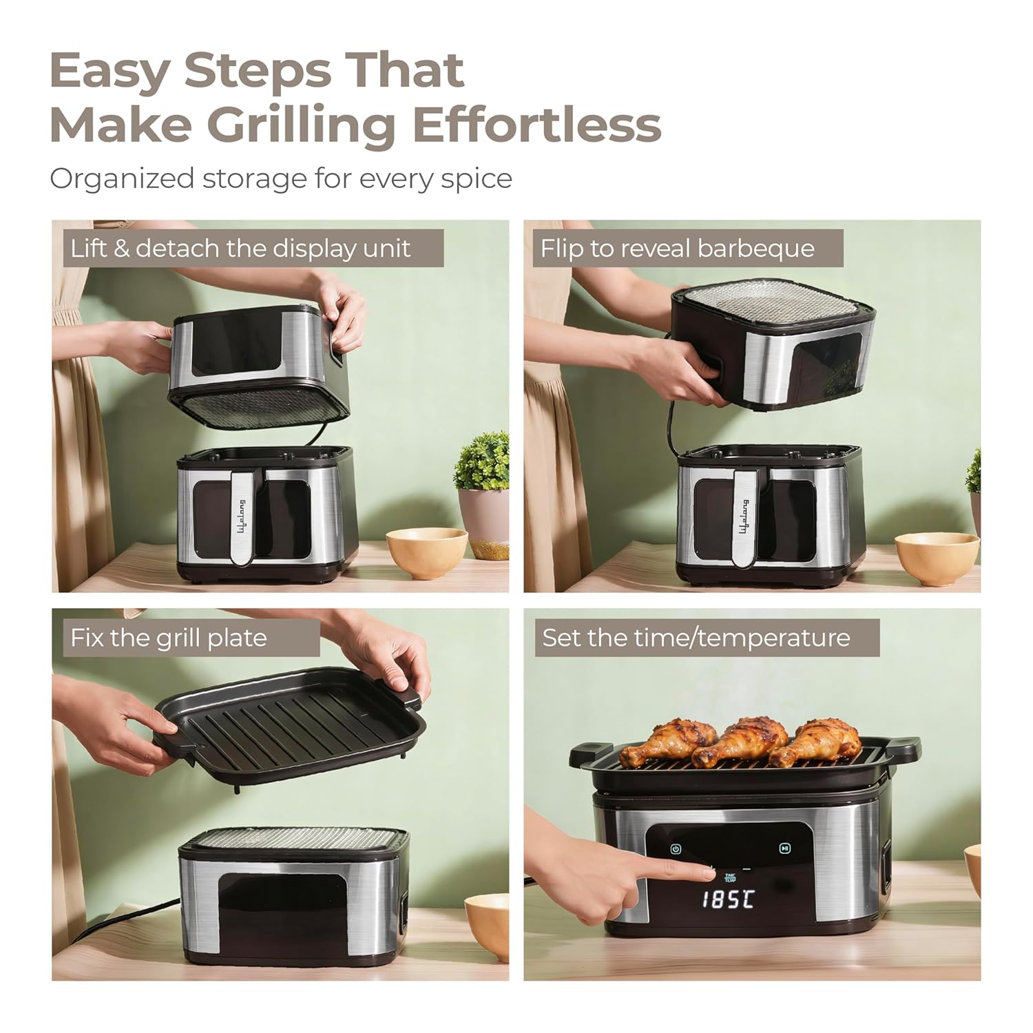 Lifelong BRIK 2-in-1 Air Fryer & Barbeque | 1350W Power, 8 Presets | 4.2L Basket with Glass Window | Flip Design for Air Frying & Grilling | Low Oil Cooking, 360Â° Rapid Air Technology |LED Touch Panel Silver & Black
