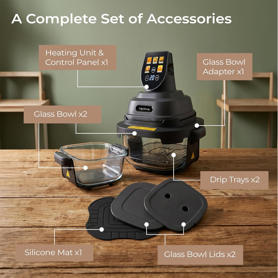 Lifelong Dual Glass Basket Air Fryer | Interchangeable Borosilicate Glass Bowls (4.1L, 1.6L) with Lids