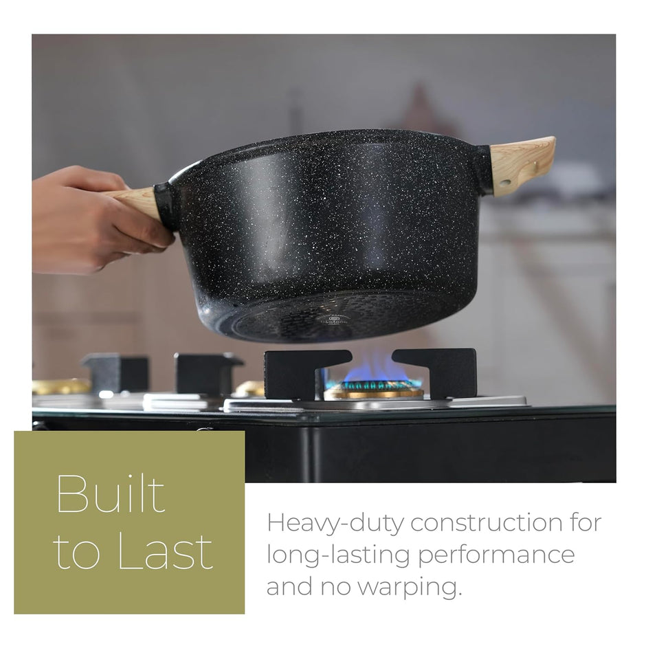 Lifelong Diecast Casserole 24 cm with Non-Riveted Wooden Handle, Glass Lid & Wooden Spatula