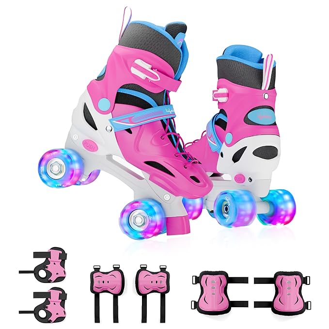 Lifelong Kids Adjustable Skating Shoes with LED Wheels – Inline Roller Skates with Safety Pads, Durable Frame & Adjustable Size (Pink, Euro 30–33, S)