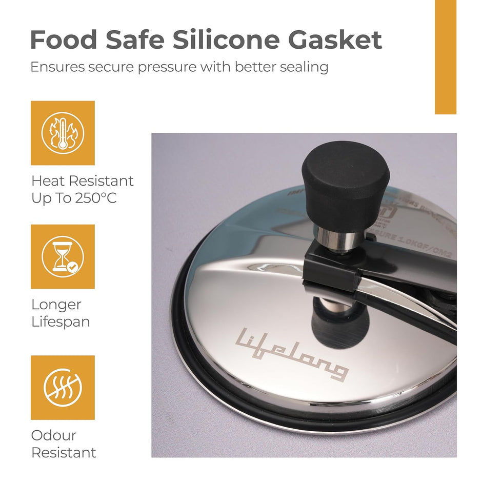 Lifelong 2L Stainless Steel Pressure Cooker | Inner Lid Design with Silicone Gasket | Induction & Gas Compatible | 1.2mm Thick | Leak-Proof, Durable, Rust-Resistant Body ISI-Certified