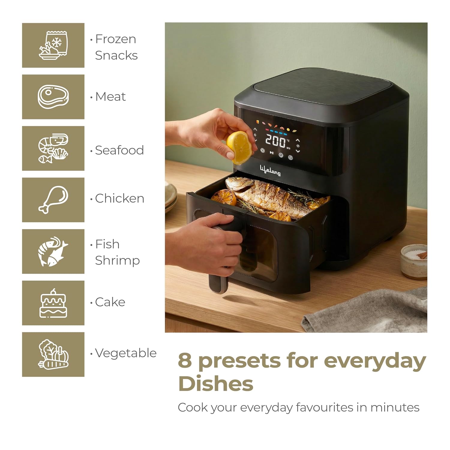 Lifelong 4.2L Air Fryer for Healthy Cooking | 1350W | 7 Presets with Defrost | Low Oil Cooking with 360Â° Rapid Air Technology | LED Touch Panel with Countdown Marking | Easy Clean Kitchen Appliance Black & Grey