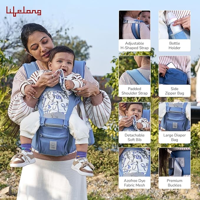 Lifelong Cuppy Infant Carrier with Hip Seat (Blue) | Ergonomic Multi-Way Baby Carrier for 0-3 Years | Adjustable, Breathable & Travel-Friendly Design