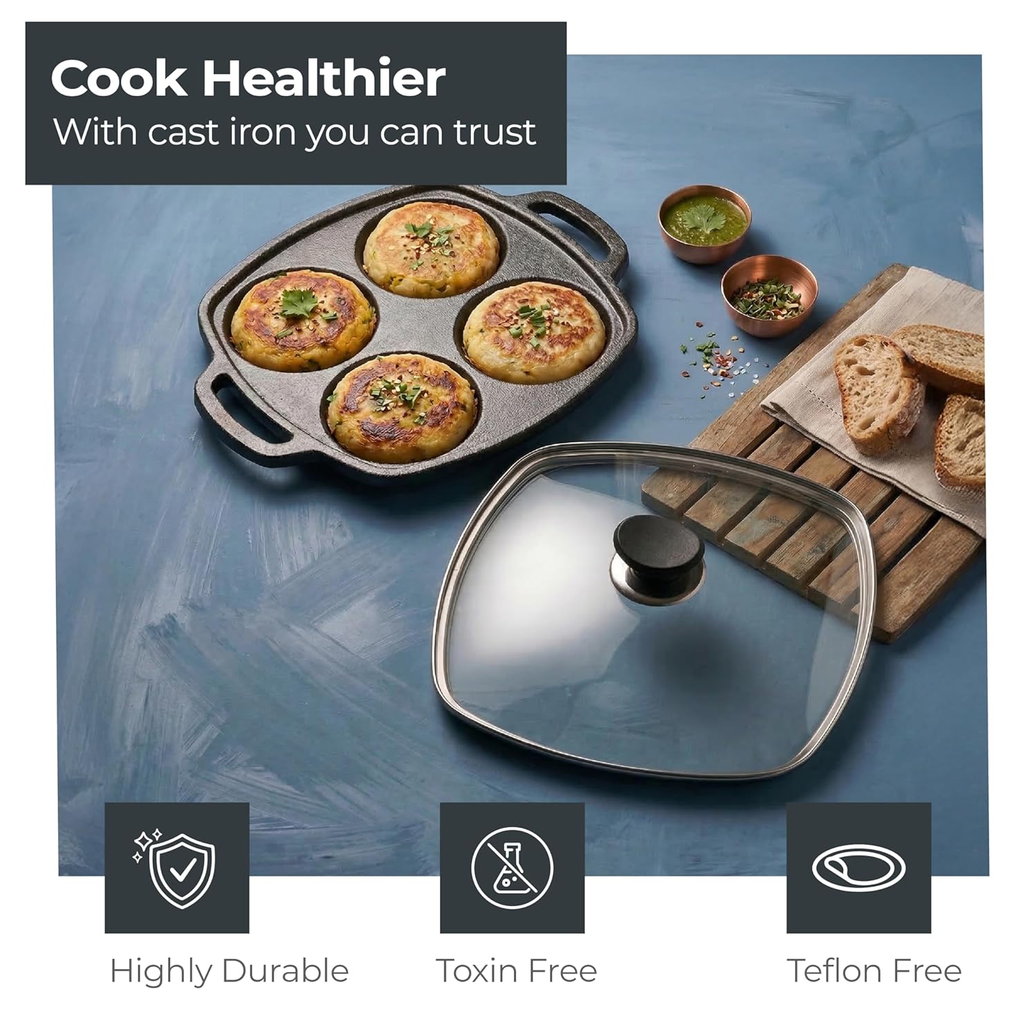 Lifelong Cast Iron Multi Snack Pan with Glass Lid | Pre-Seasoned Naturally Non-Stick Cookware | 4-Pit Snack Pan for Uttapam, Appe, Eggs, Idli, & Pancakes | Durable & Toxin-Free | 3cm Deep, 33cm Wide
