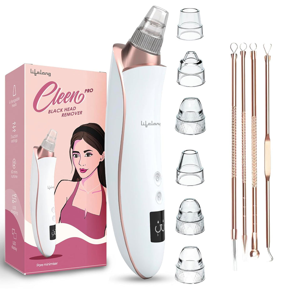 Lifelong Cleen Pro 6-in-1 Blackhead Remover | Electric Facial Pore Cleaner with Suction, LED Display, USB Recharge & 6 Attachments for Women & Men