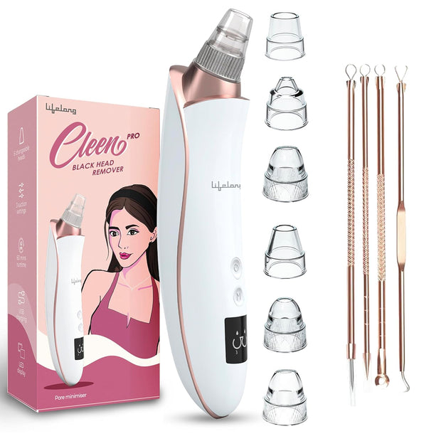 Lifelong Cleen Pro 6-in-1 Blackhead Remover | Electric Facial Pore Cleaner with Suction, LED Display, USB Recharge & 6 Attachments for Women & Men