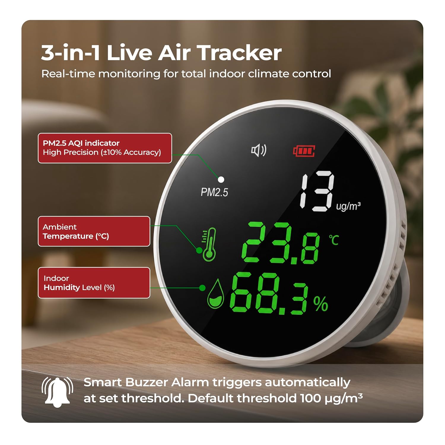Lifelong 3-in-1 Air Quality Monitor – High-Accuracy Laser Sensor for PM2.5, Temperature & Humidity