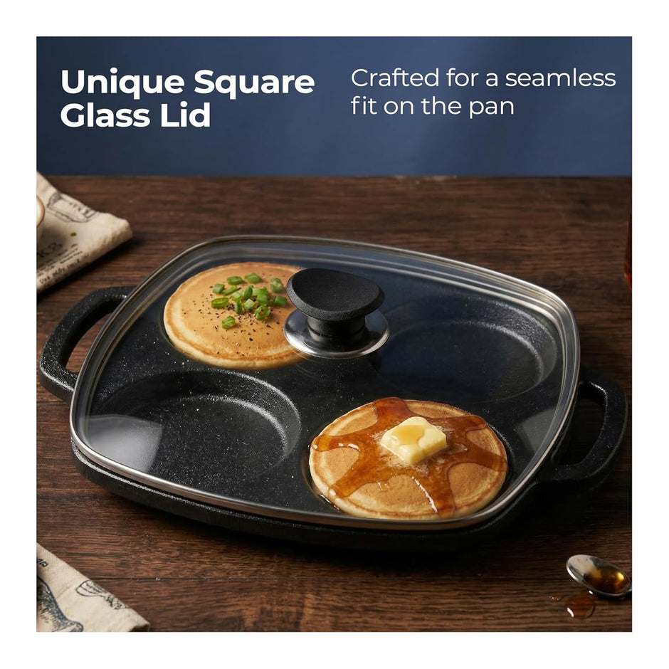 Lifelong Cast Iron Multi Snack Pan with Glass Lid | Pre-Seasoned Naturally Non-Stick Cookware | 4-Pit Snack Pan for Uttapam, Appe, Eggs, Idli, & Pancakes | Durable & Toxin-Free | 3cm Deep, 33cm Wide