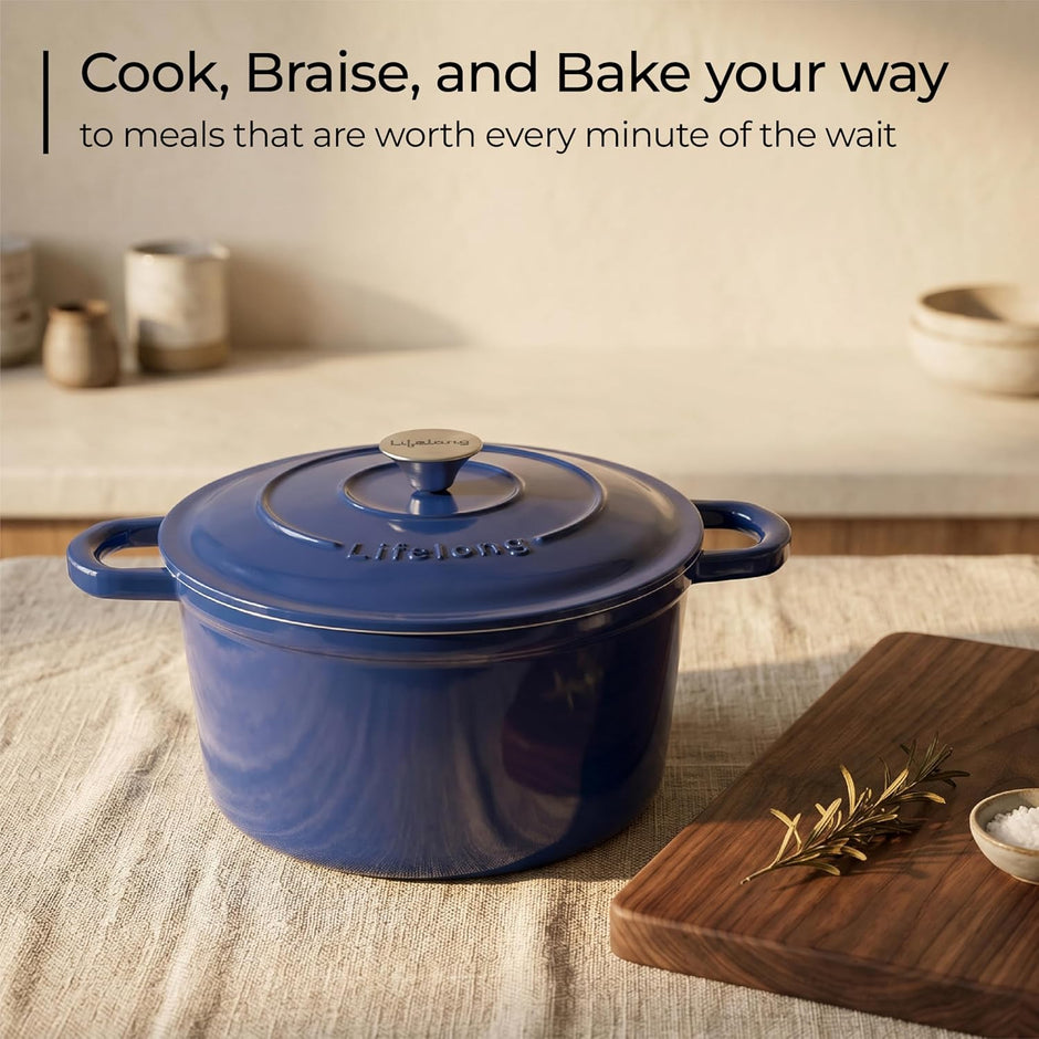 Lifelong Enamel Cast Iron Dutch Oven with Lid (5.6L, 28cm) | Oven, Gas & Induction Compatible