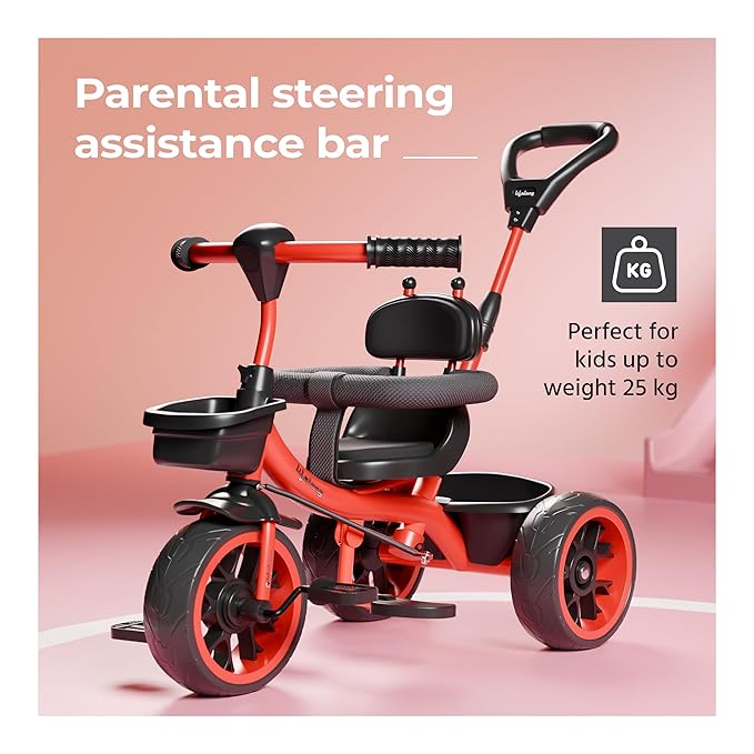 Lifelong Kids Harness Tricycle with Parental Control, EVA Wheels, Bell & Storage Basket – Baby Trike for 1–4 Years (25kg Capacity, Red/Black)