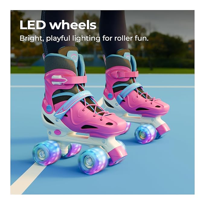 Kids Adjustable Inline Skating Shoes with LED Lights – Pink, Size 38–41 (L)