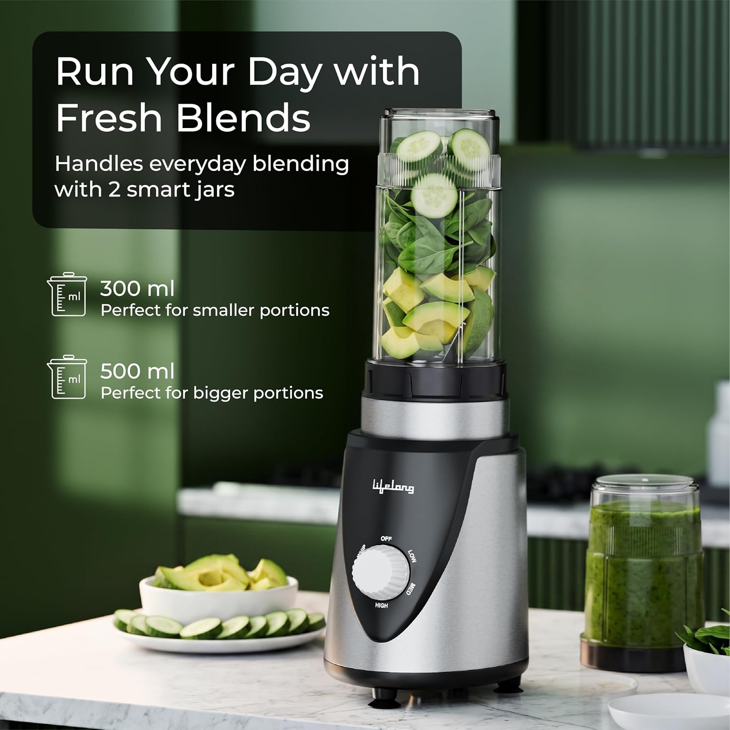 Lifelong Nutri Blender with 2 Jars (300ml, 500ml) | 450W Motor, 2 SS Blades(4 & 2 Leaf), 2 Lids(Strong & Sprinkler)