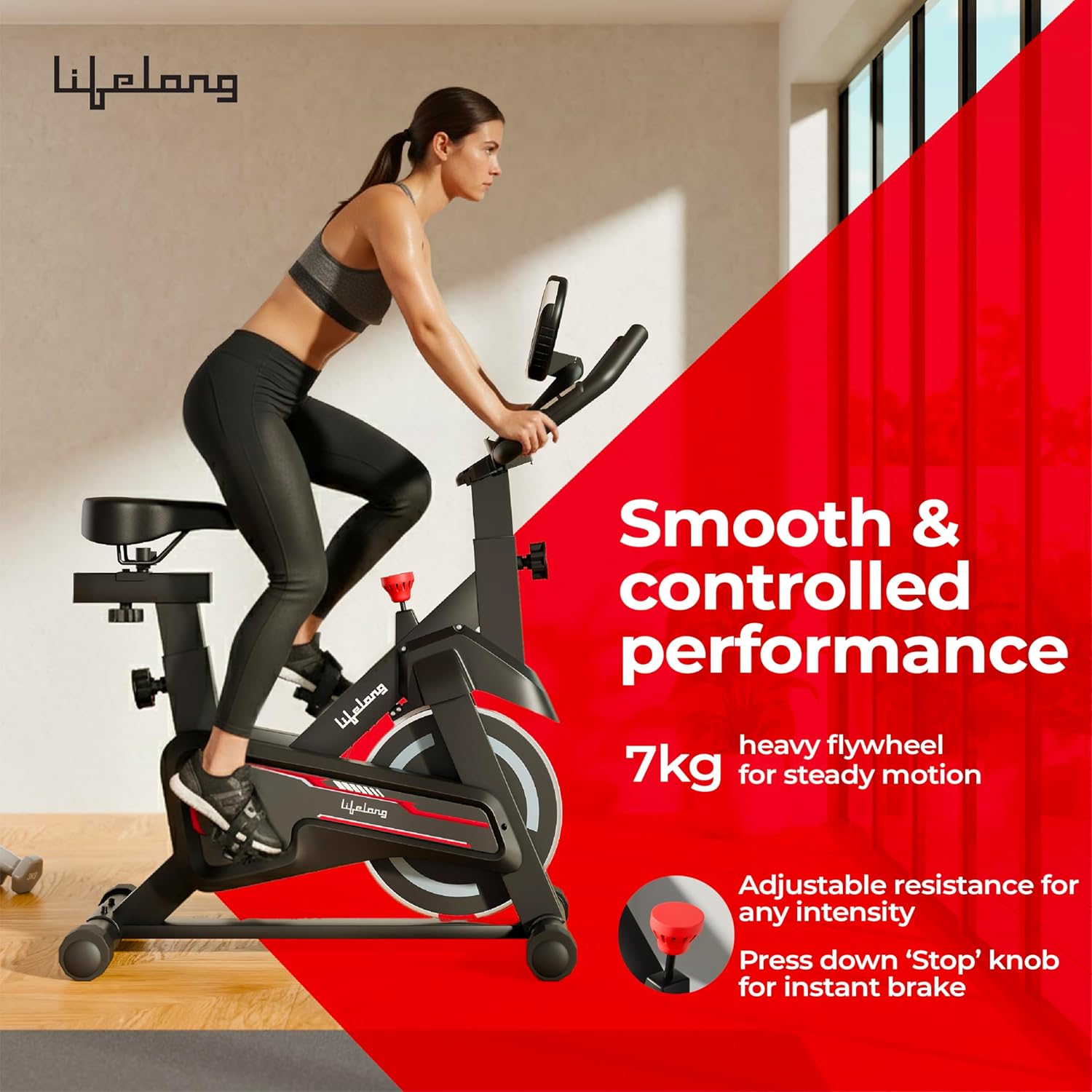 Lifelong Fit Pro Spin Fitness Bike for Home | Exercise Bike for Cardio Workout with 7 KG Flywheel, Adjustable Resistance & LED Display | Cushioned Adjustable Seat | Non-Slip Pedals | Max User Weight 120 KG