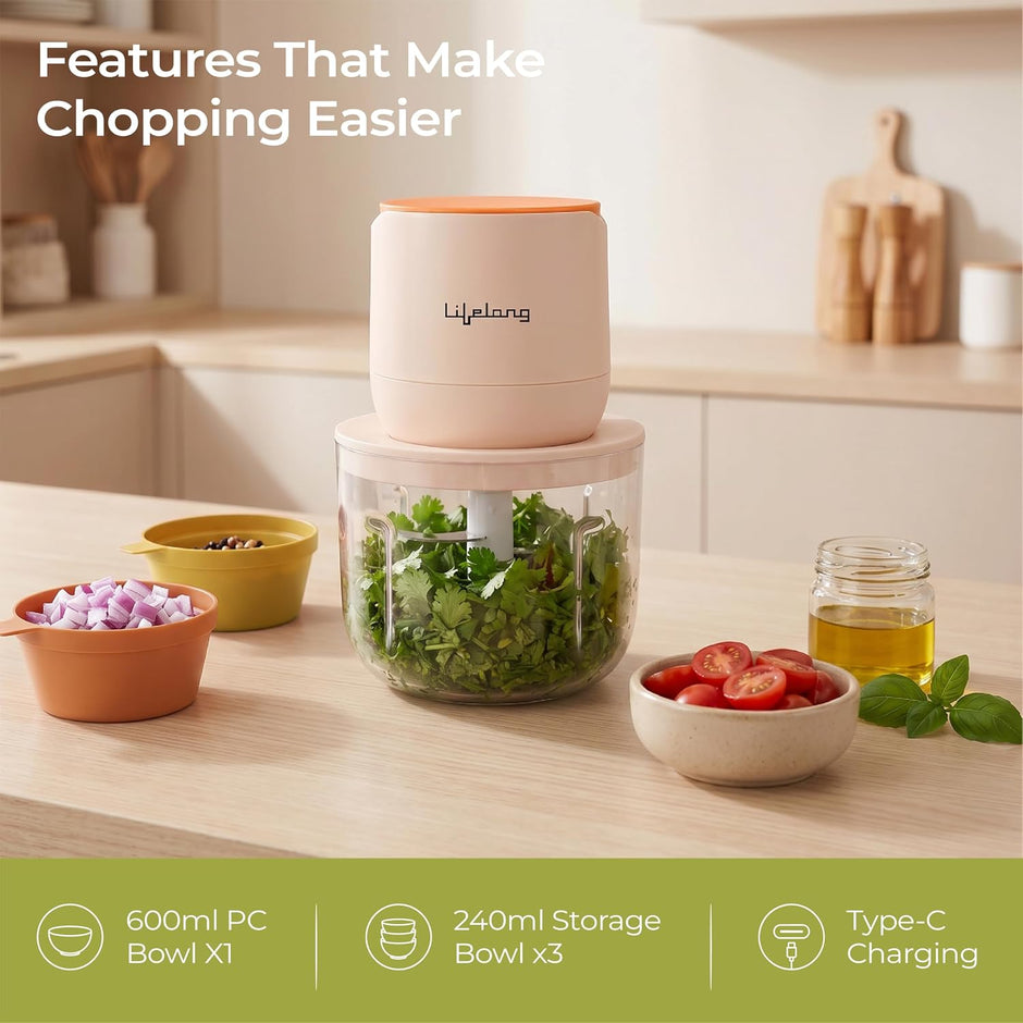 Lifelong Rechargeable Electric Food Chopper with 3 Bowls