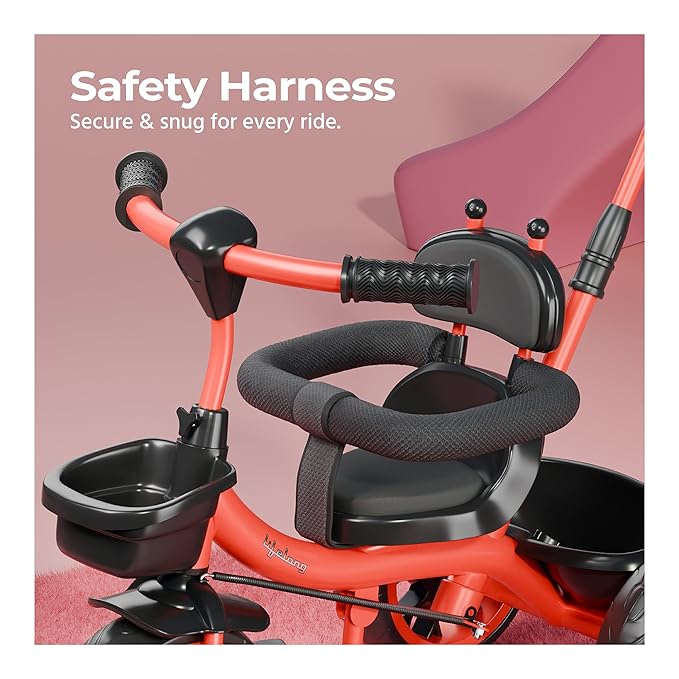 Lifelong Kids Harness Tricycle with Parental Control, EVA Wheels, Bell & Storage Basket – Baby Trike for 1–4 Years (25kg Capacity, Red/Black)