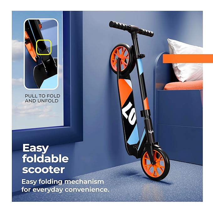 Lifelong Adult Kick Scooter – Adjustable Height, Lightweight Aluminium Frame, Foldable Design for Outdoor Riding (Black & Orange)