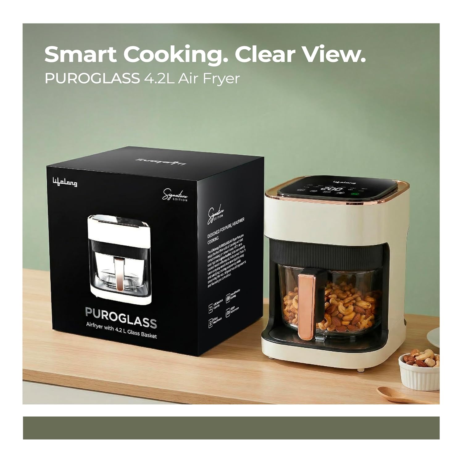 Lifelong PuroGlass Air Fryer | 4.2L Glass Basket | 8 Preset Modes | 1350W Power | Healthy Low Oil Cooking, 360Â° Turbo Heat Technology | LED Touch Control | Nonstick Easy Clean Kitchen Appliance(White)