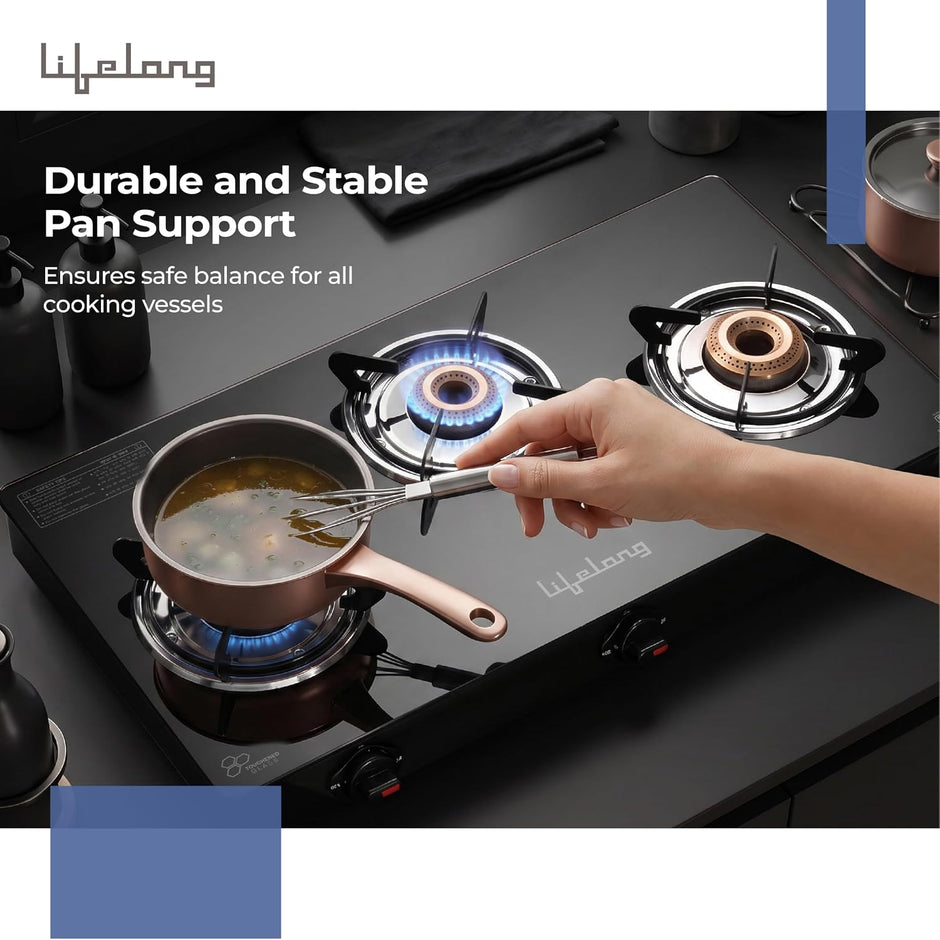 Lifelong 3 Burner Gas Stove Brass Burner Manual Ignition Cooktop Modern Glass Stove for Modular Kitchen