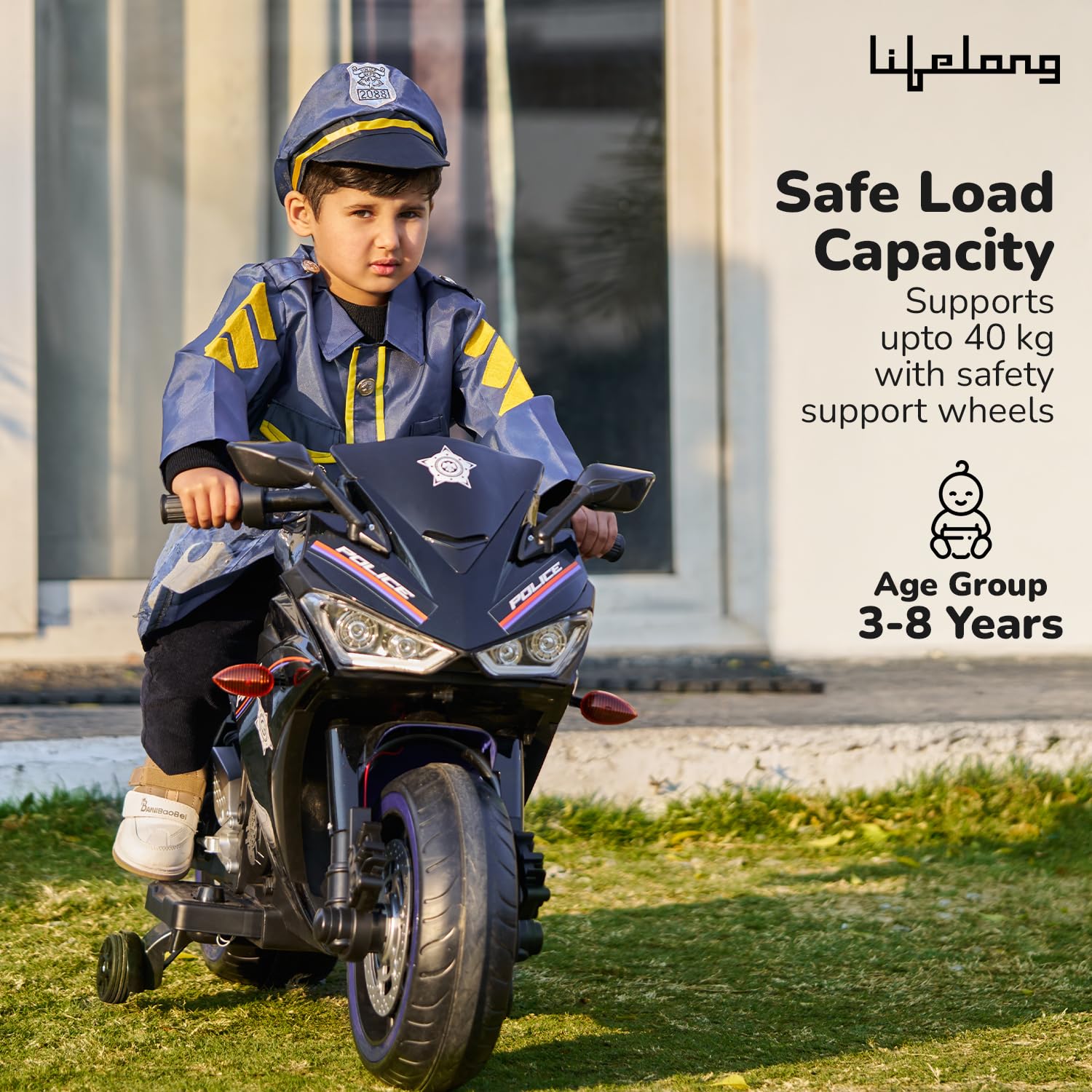 Lifelong Cuppy Electric Ride-On Police Bike for Kids – LED Lights, Bluetooth Music, Battery Bike 2+ Years