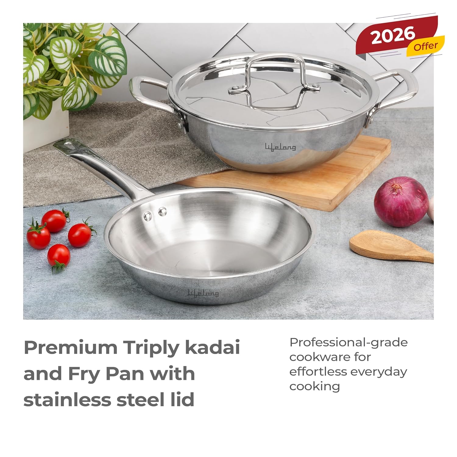 Lifelong Triply 3 piece cookware Set| 20cm Fry Pan (1.7L) & 20cm Triply Kadhai (1.2L) with Common Steel Lid | Stainless Steel Handle |Even Heat Distribution | Induction & Gas Stove Compatible(Silver) Combo of 3