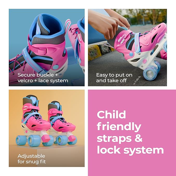 Kids Adjustable Inline Skating Shoes with LED Lights – Pink, Size 38–41 (L)