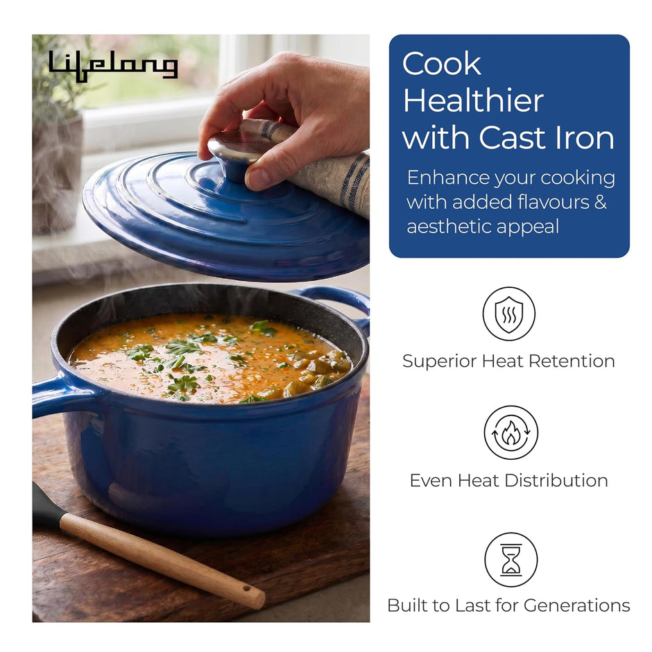 Lifelong Enamel Cast Iron Saucepan with Lid (1.9L, 20cm) | Oven, Gas & Induction Compatible