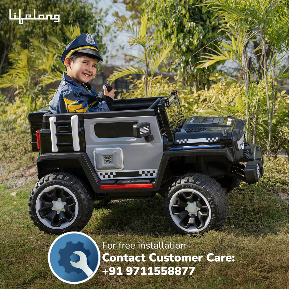 Lifelong Cuppy Electric Ride-On Police Big Car – Rechargeable Battery Jeep with Music, Mic & LED Lights for Kids 2+