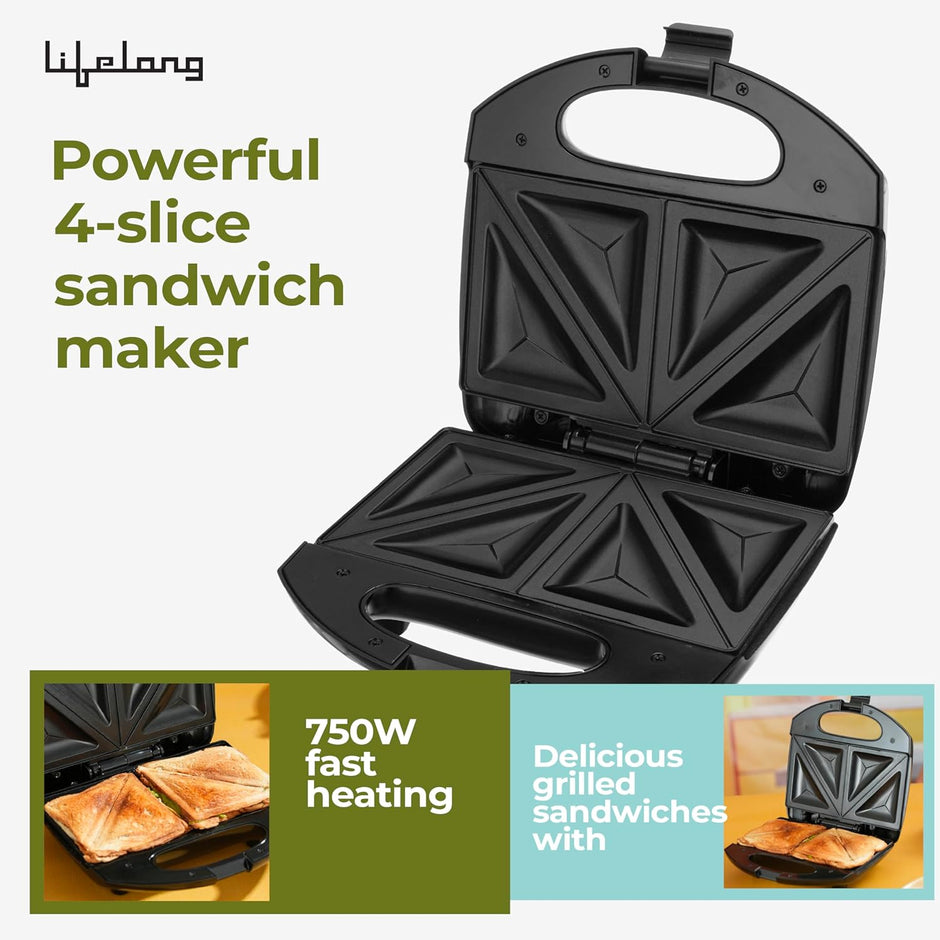Lifelong 750W 4-Slice Sandwich Maker for Grilling & Toasting