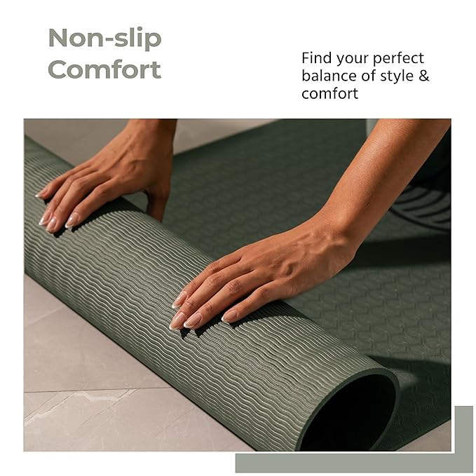 Yoga Mat with Carry Bag – 5mm Thick TPE, Non-Toxic & Sweat-Resistant (Olive Green)