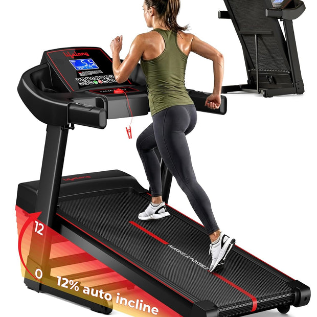 Lifelong 5HP Peak Motorized Treadmill for Home | 12% Auto Incline | 12 Preset Programs | 14 km/h Speed | 110 kg Capacity | LCD Display| Hydraulic Fold | Wide Running Belt | Bluetooth & FitShow App Black