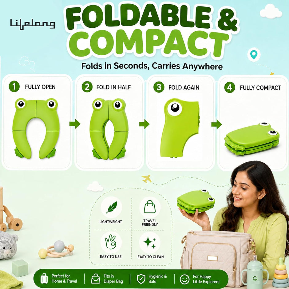 Lifelong Cuppy Foldable Baby Toilet Training Seat 1+ Yrs, Portable Travel Potty, Non-Slip Grip – Green