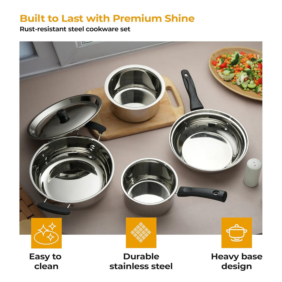 Lifelong 4 Pc Stainless Steel Cookware Set | 2.2L Kadhai with Lid 22cm | 1.4L Fry Pan 22cm | 1.2L Saucepan 14cm |1.4L Tope 16cm | Comes with Common Lid | Induction & Gas Compatible |Bakelite Handles