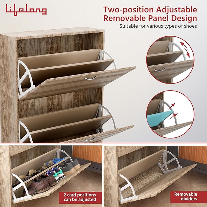 Lifelong Wooden Shoe Rack – 2 Flip Drawer Space-Saving Organizer, Oak Finish