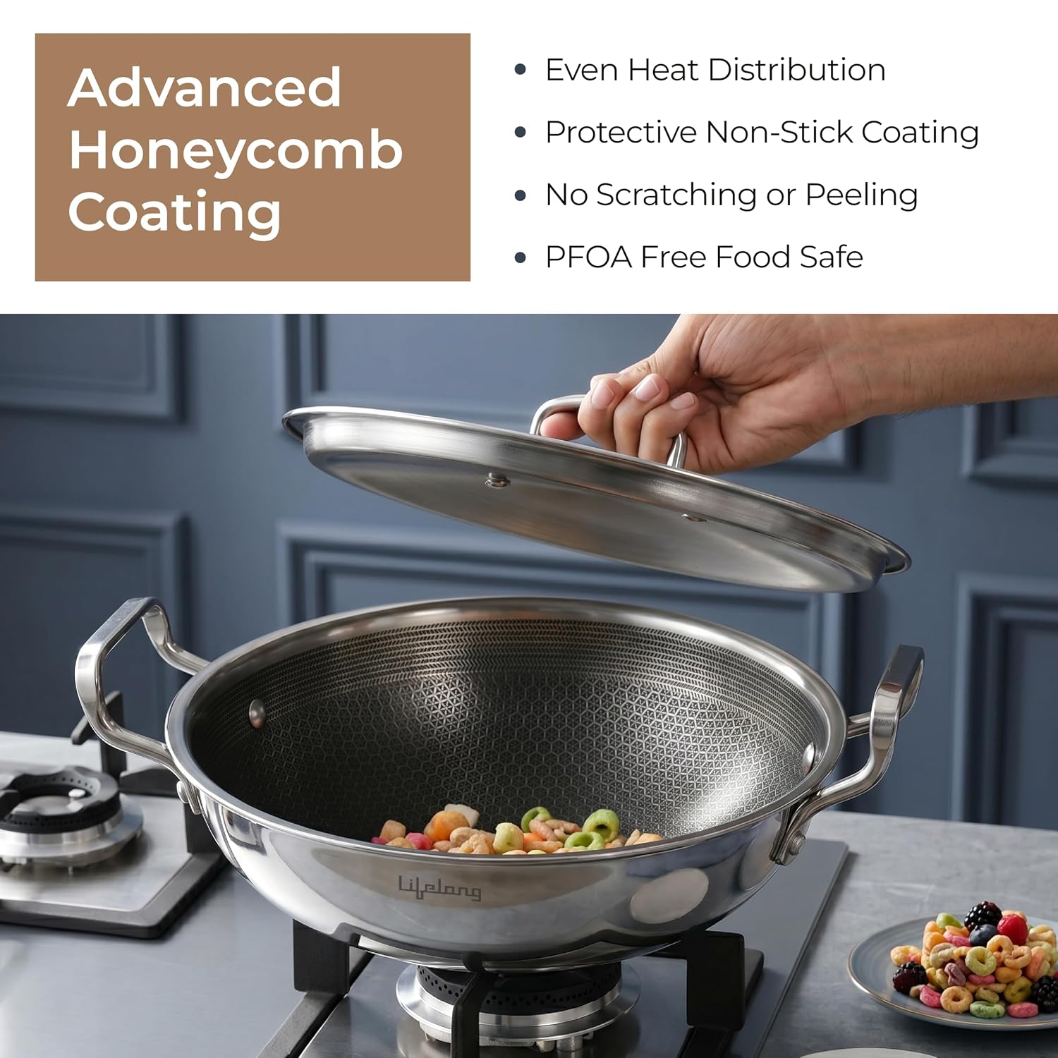 Lifelong Triply Honeycomb Kadhai 26 Cm | Extra Deep Stainless Steel | 3-Layered Nonstick Coating